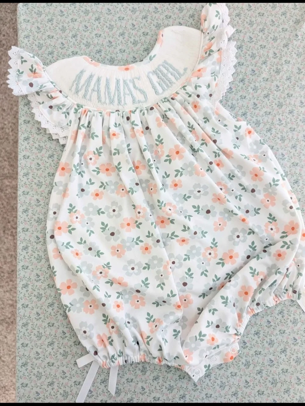 12 Mos Smocked Floral Olive Bubble